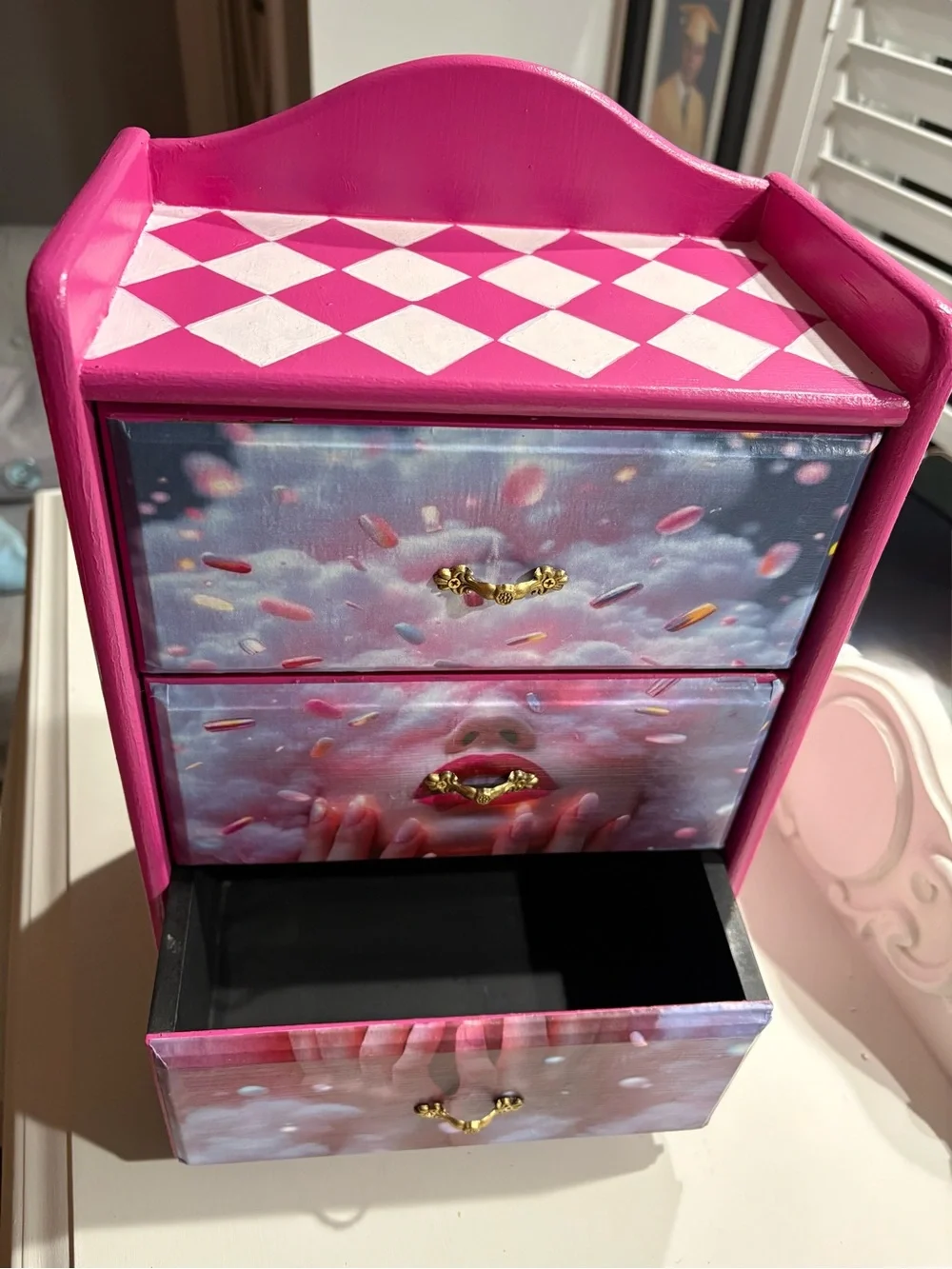 Hand-Painted Pink Whimsical Jewelry Box – 3 Drawer – One of a Kind